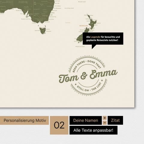 Alternatives Motiv für eine Personalisierung mit deinem Namen auf einer Weltkarte in Farbe Olive Green