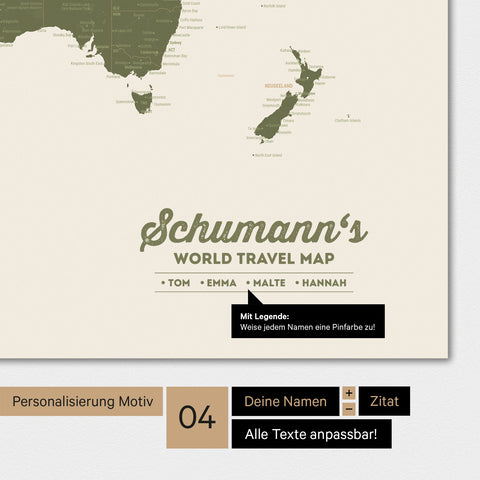 Weltkarte in Farbe Olive Green mit Personalisierung als Familien-Logo