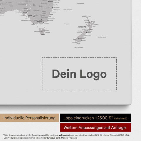 Weltkarte als Pinn-Leinwand in Hellgrau, auf die ein Firmenlogo eingedruckt werden kann und weitere Individualisierungen als Sonderanfertigung vorgenommen werden können