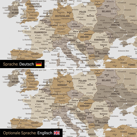 Vergleich einer Weltkarte Leinwand in Multicolor Beige in deutscher oder optional in englischer Sprache