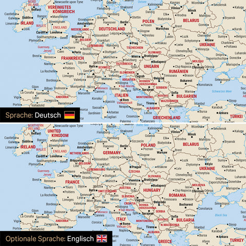 Vergleich einer Weltkarte Leinwand in Multicolor Atlas in deutscher oder optional in englischer Sprache