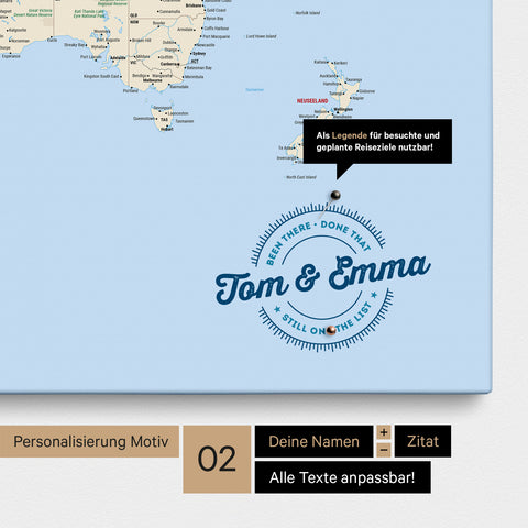 Personalisierte Weltkarte als Pinnwand Leinwand in Multicolor Atlas mit eingedruckten Namen und einer Legende zur Markierung von besuchten Orten