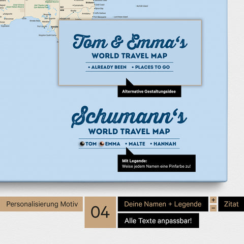 Pinnwand Leinwand einer Weltkarte in Multicolor Atlas mit Personalisierung als Logo mit Familiennamen und Legende