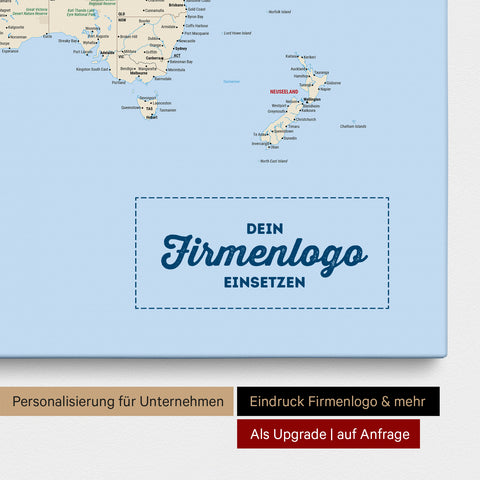 Weltkarte als Pinn-Leinwand in Oliv-Grün, auf die ein Firmenlogo eingedruckt werden kann und weitere Individualisierungen als Sonderanfertigung vorgenommen werden können