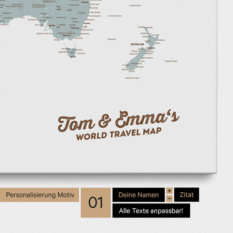 World map as a pinboard canvas in Multicolor Light with personalization and imprint of your name