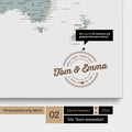 Personalized world map as a pinboard canvas in Multicolor Light with printed names and a legend for marking visited places