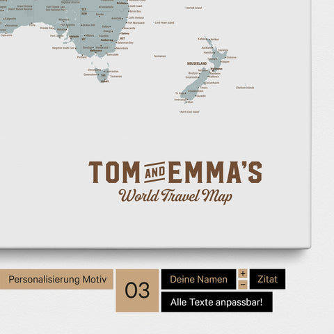 Personalization of a Multicolor Light world map pinboard with a vintage-look logo, where the names and the subtitle "World Travel Map" can be changed