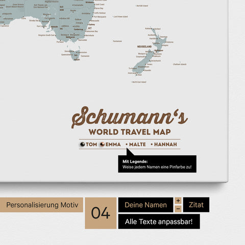 Pinboard canvas of a world map in Multicolor Light with personalization as a logo with family name and legend