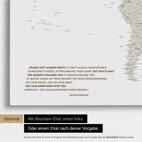 World map in Multicolor Light with an embossed quote from Anthony Bourdain, which can be replaced with any other quote during personalization