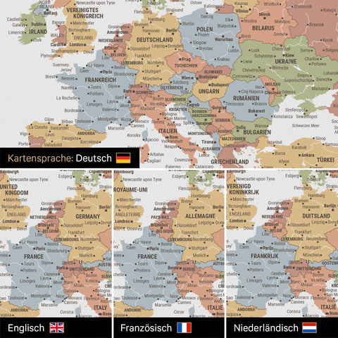 Comparison of a world map canvas in Multicolor Sienna in German or optionally in English, French, or Dutch language