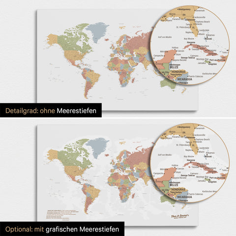 World map in multicolor sienna with two-dimensional sea depths