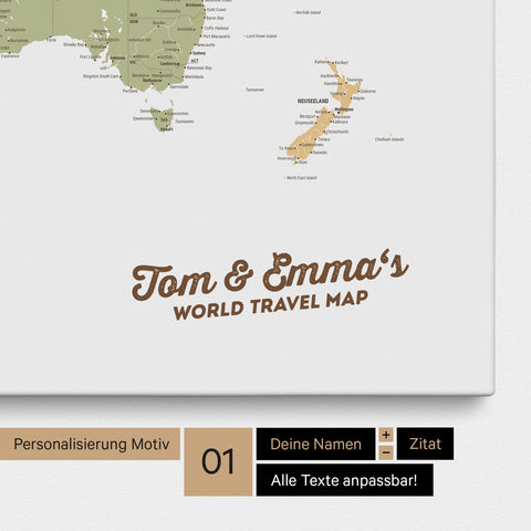 World map as a pinboard canvas in multicolor sienna with personalization and imprint of your names