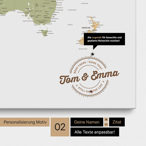 Personalized world map as a pinboard canvas in multicolor sienna with printed names and a legend for marking visited places