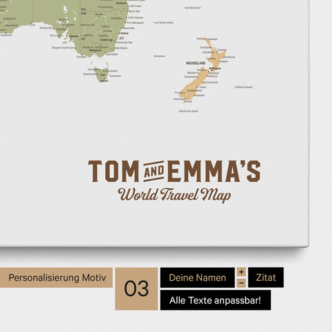 Personalization of a multicolor Sienna world map pinboard with a vintage-look logo, where the names and the subtitle "World Travel Map" can be changed