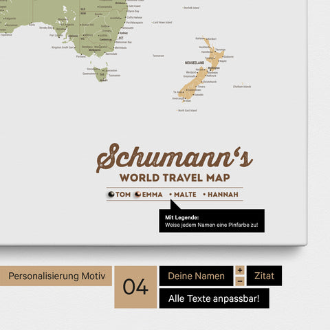 Pinboard canvas of a world map in multicolor sienna with personalization as a logo with family name and legend