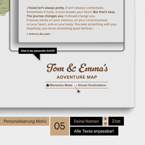 World map as a Push Pin Map in olive green, on which a company logo can be printed and further customizations can be made as special orders