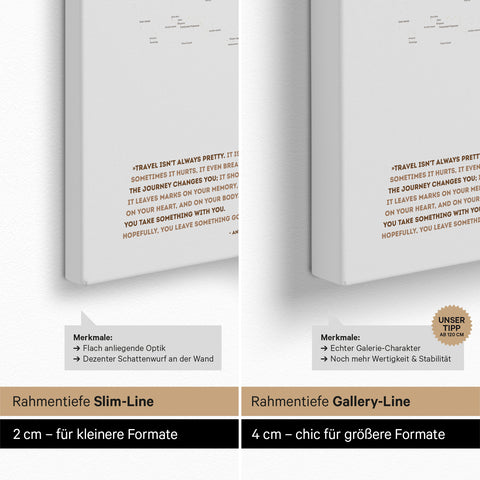 World map as a Push Pin Map with a stretcher frame depth of 2 cm or 4 cm