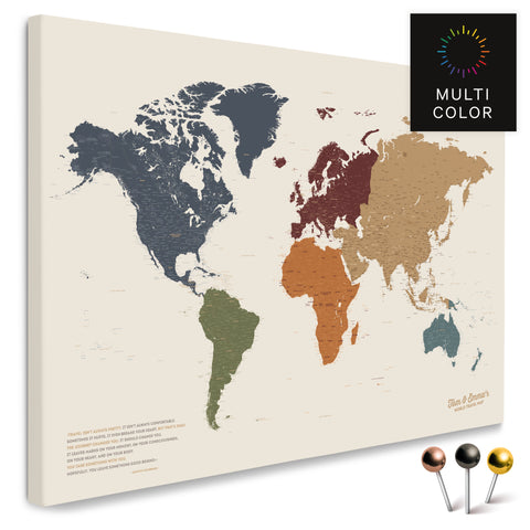 Weltkarte in Multicolor Vivid als Pinnwand Leinwand zum Pinnen und Markieren von Reisezielen kaufen