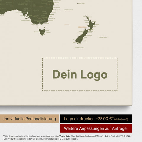 Weltkarte als Pinn-Leinwand in Oliv-Grün, auf die ein Firmenlogo eingedruckt werden kann und weitere Individualisierungen als Sonderanfertigung vorgenommen werden können