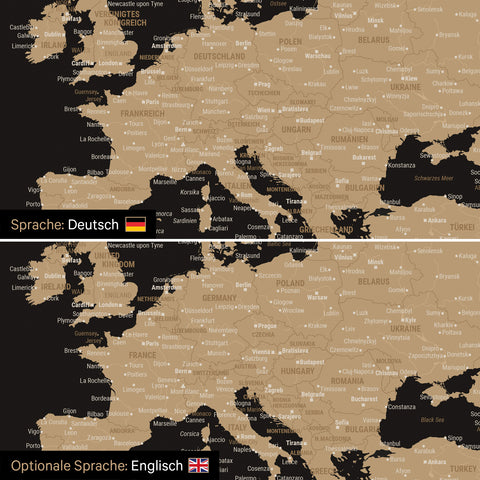 Vergleich einer Weltkarte Leinwand in Sonar Black (Schwarz-Gold) in deutscher oder optional in englischer Sprache