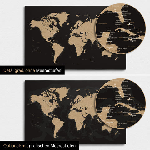 Weltkarte in Sonar Black mit zweidimensionalen Meerestiefen