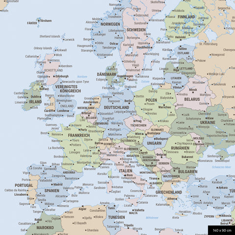 A detailed section of a political world map pinboard shows a part of Europe with all countries and capitals.