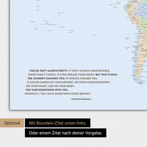 Magnetische Weltkarte in Multicolor Atlas mit eingedrucktem Zitat von Anthony Bourdain