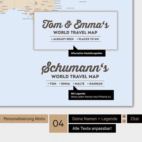 Magnetische Weltkarte in Multicolor Atlas mit Personalisierung als Logo mit Familiennamen