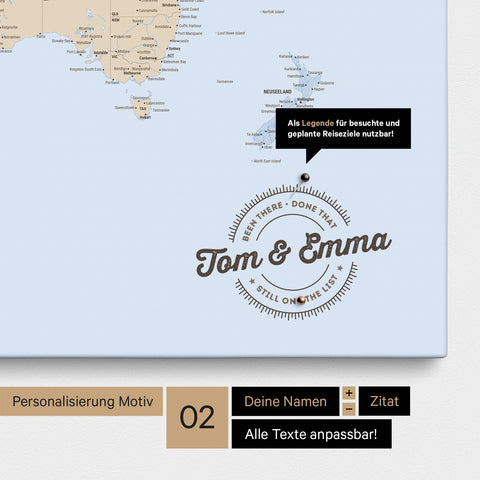 Personalisierte Weltkarte als Pinnwand Leinwand in Multicolor Atlas mit eingedruckten Namen und einer Legende zur Markierung von besuchten Orten