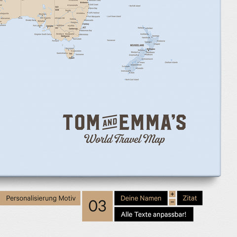 Personalisierung einer politischen Weltkarte Pinnwand in Multicolor Atlas mit einem Logo im Vintage-Look, bei dem die Namen und die Unterzeile „World Travel Map“ geändert werden kann