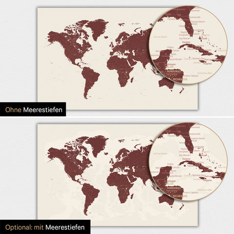 Weltkarte-Poster in Bordeaux Rot mit zweidimensionalen Meerestiefen