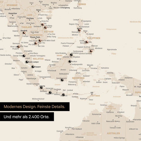 Ausschnitt aus Weltkarte Poster in Gold zeigt Karten von Asien