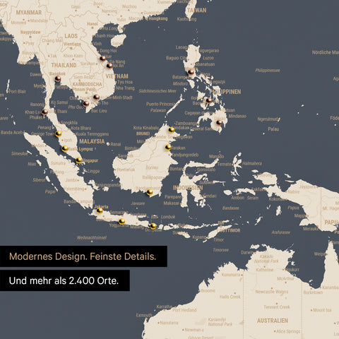 Ausschnitt aus Weltkarte Poster in Hale Navy (Blau-Gold) zeigt Karten von Asien