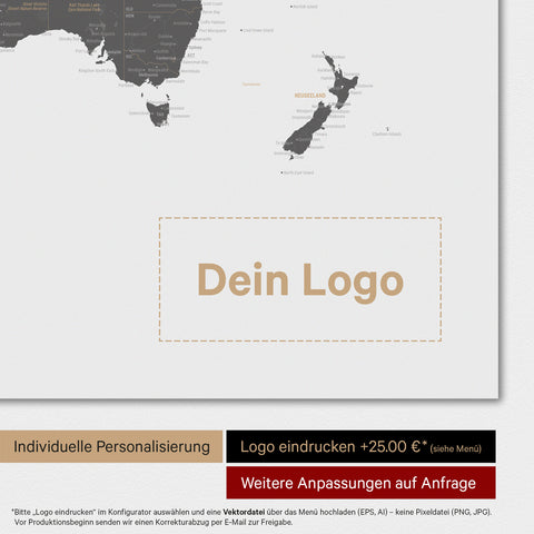 Weltkarte Poster in Light Gray mit eingedrucktem Firmenlogo