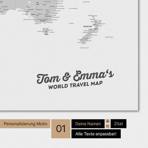 Personalisierte Weltkarte als Poster in Multicolor Grau mit deinem Namen eingedruckt