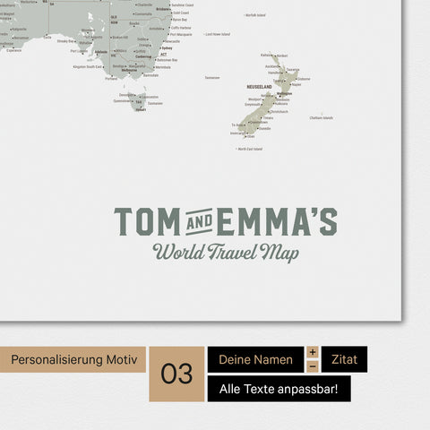 Weltkarte als Poster in Multicolor Sage mit einem Vintage-Logo als moderne Personalisierung