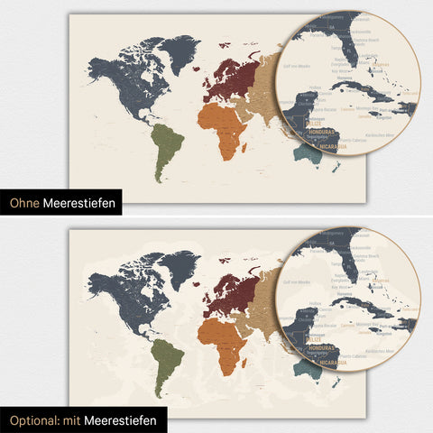 Weltkarte-Poster in Multicolor Vivid mit zweidimensionalen Meerestiefen