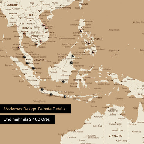 Ausschnitt aus Weltkarte Poster in Treasure Gold zeigt Karten von Asien