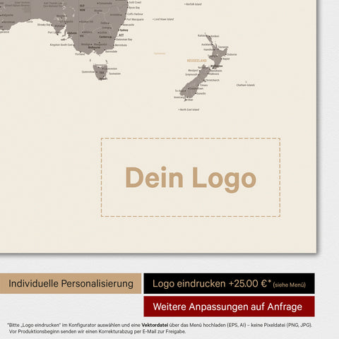 Weltkarte Poster in Warmgray (Braun-Grau) mit eingedrucktem Firmenlogo