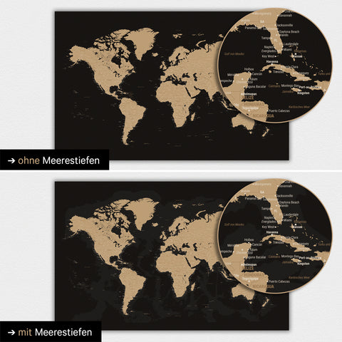 Weltkarte in Farbe Sonar Black (Schwarz-Gold) mit zweidimensionalen Meerestiefen