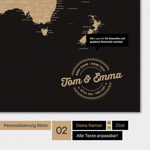 Alternatives Motiv für eine Personalisierung mit deinem Namen auf einer Weltkarte in Farbe Sonar Black (Schwarz-Gold)