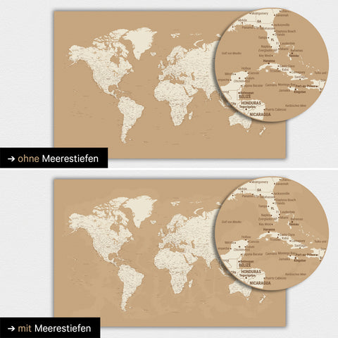 Weltkarte in Farbe Treasure Gold mit zweidimensionalen Meerestiefen