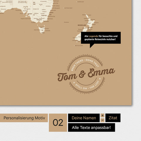 Alternatives Motiv für eine Personalisierung mit deinem Namen auf einer Weltkarte in Farbe Treasure Gold