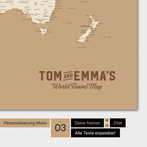 Weltkarte in Farbe Treasure Gold mit einem Vintage-Logo als moderne Personalisierung