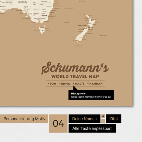 Weltkarte in Farbe Treasure Gold mit Personalisierung als Familien-Logo