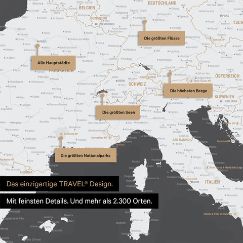 Robustes Poster als Europa Karte in Dunkelgrau zum Pinnen von Reisen