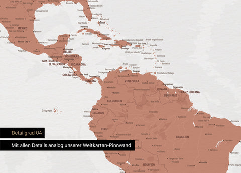 Detailansicht einer Weltkarte Foto-Tapete in Kupfer mit allen Details